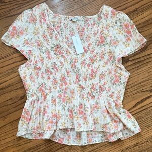 American Eagle Outfitters Floral Smocked Blouse - Pink and Cream